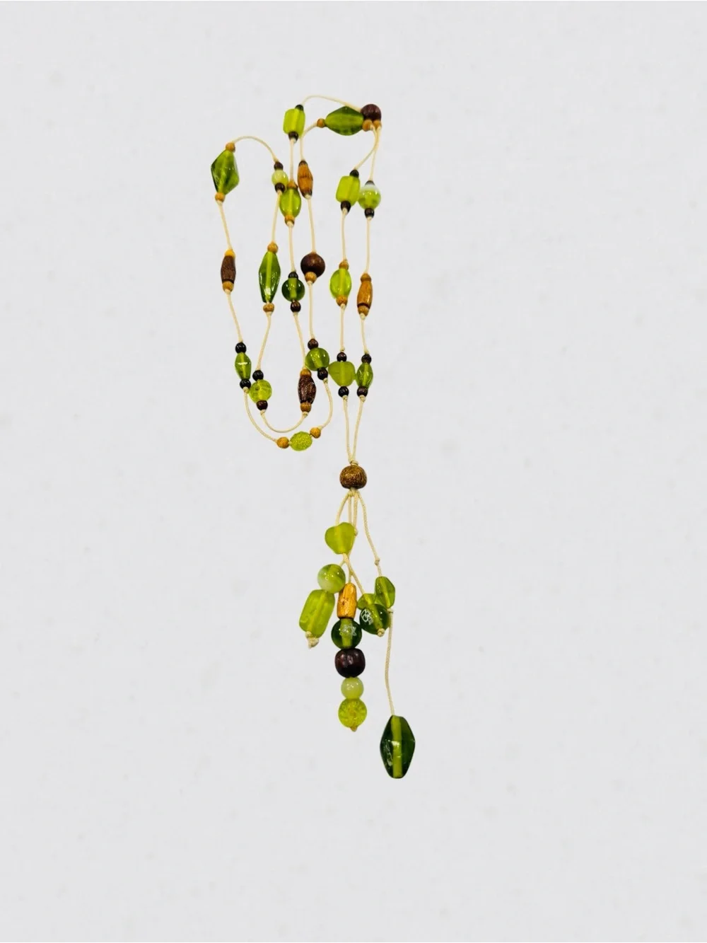 Handmade Glass Lime Green Brown Wood Bead Necklace 38” Boho Dangle Statement